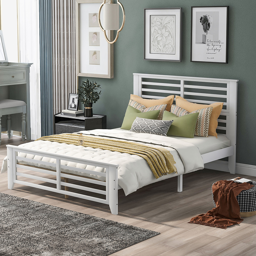 Full-Size Wooden Platform Bed Frame with Hollow Shape Horizontal Strip and Wooden Slats Support - White