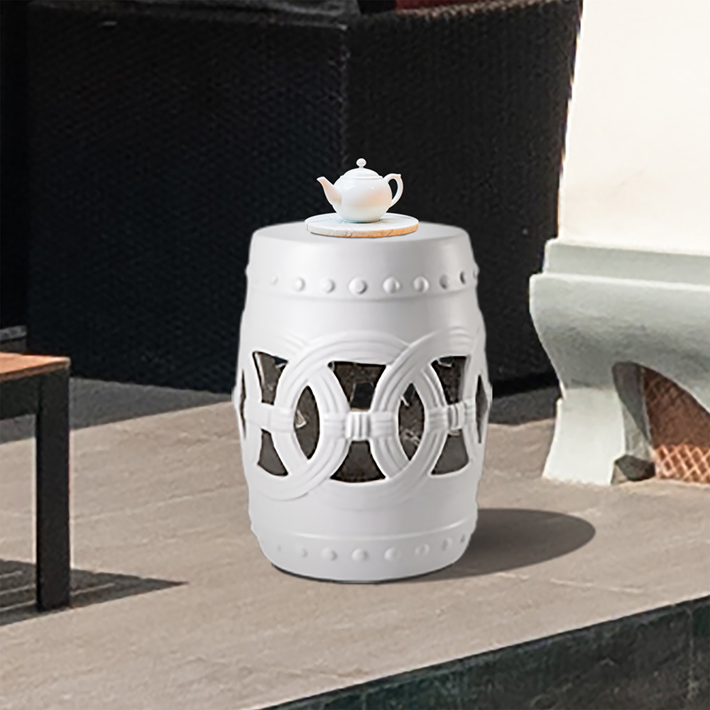 Outdoor Multifunctional Ceramic Stool for Garden, Terrace, Deck, Backyard - White