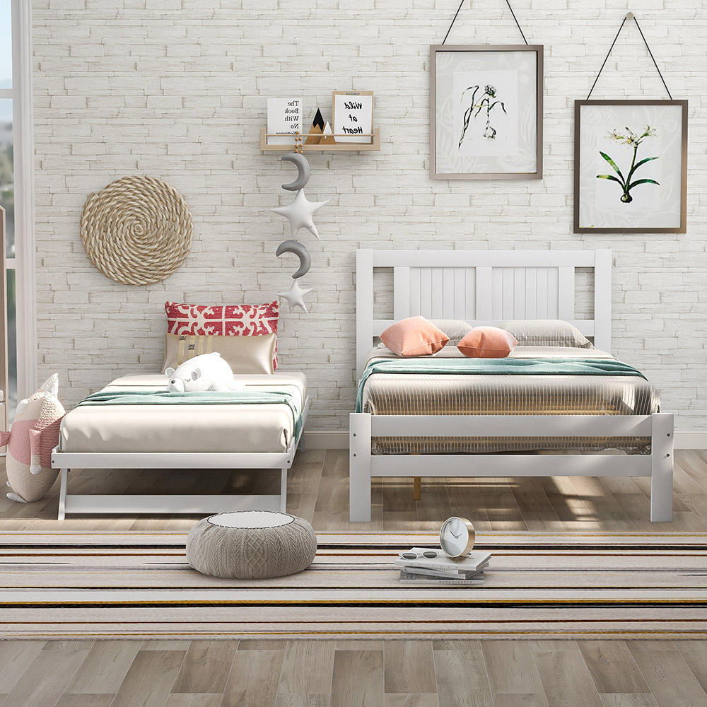 Full-Size Wooden Platform Bed Frame with Adjustable Trundle Bed and Wooden Slat Support, No Need for Box Spring - White