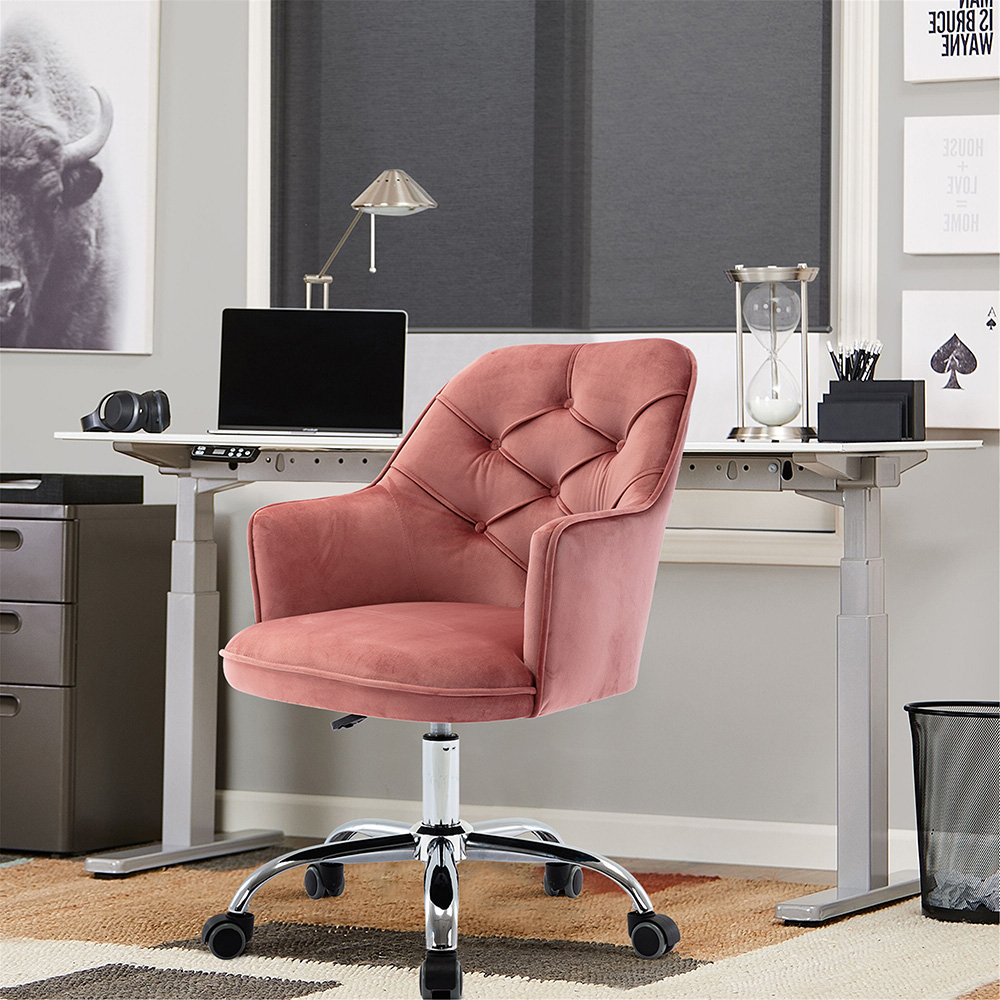 COOLMORE Velvet Swivel Chair Height Adjustable with Curved Backrest and Casters for Office, Bedroom, Living Room, Dining Room - Red