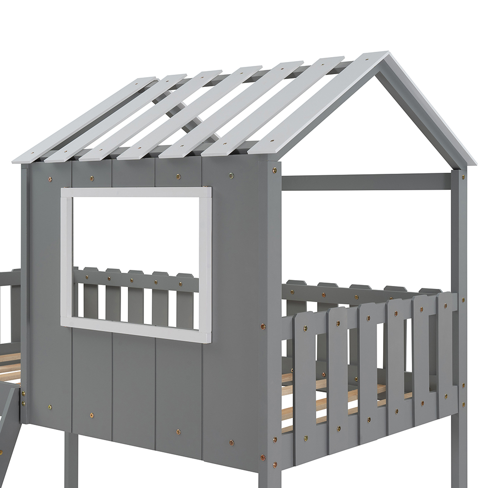 Twin-Size Wooden Floor Children's Bunk House Bed Frame with Rustic Fence-Shaped Guardrail and Ladder, No Need for Box Spring - Gray
