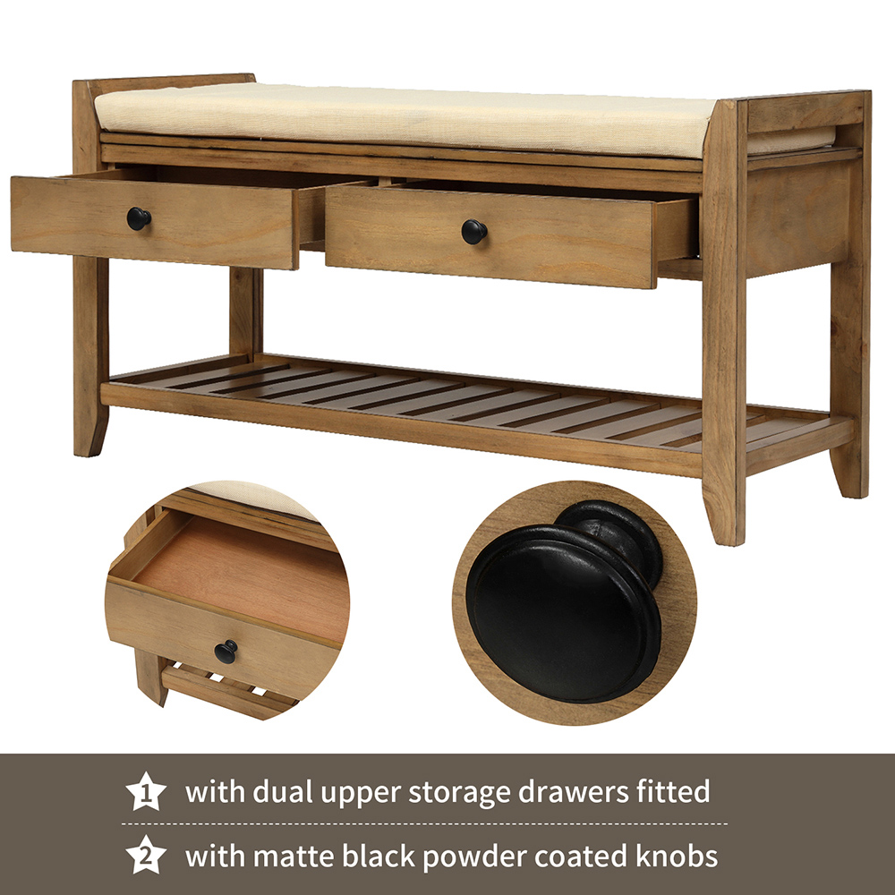 TREXM 39'' Console Bench with 2 Storage Drawers and Mesh Shoe Shelf, for Entrance Hallway, Dining Room, Bedroom - Old Pine