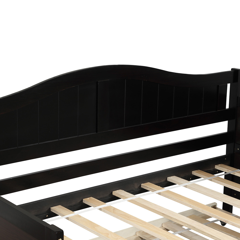 Twin-Size Wooden Platform Daybed Frame with Trundle Bed and Wooden Slats Support - Espresso