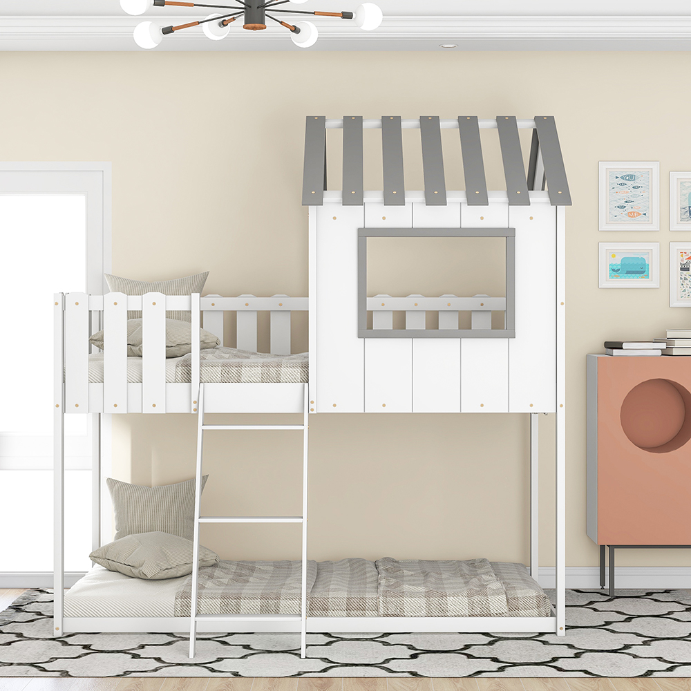 Twin-Size Wooden Floor Children's Bunk House Bed Frame with Rustic Fence-Shaped Guardrail and Ladder, No Need for Box Spring - White