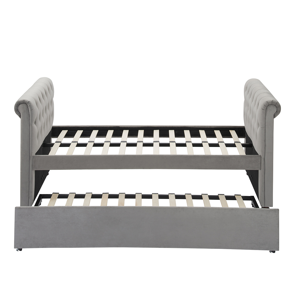 Twin Size Upholstered Daybed Frame with Trundle Bed and Wooden Slats Support, No Need for Spring Box, for Living Room, Bedroom, Office, Apartment - Gray