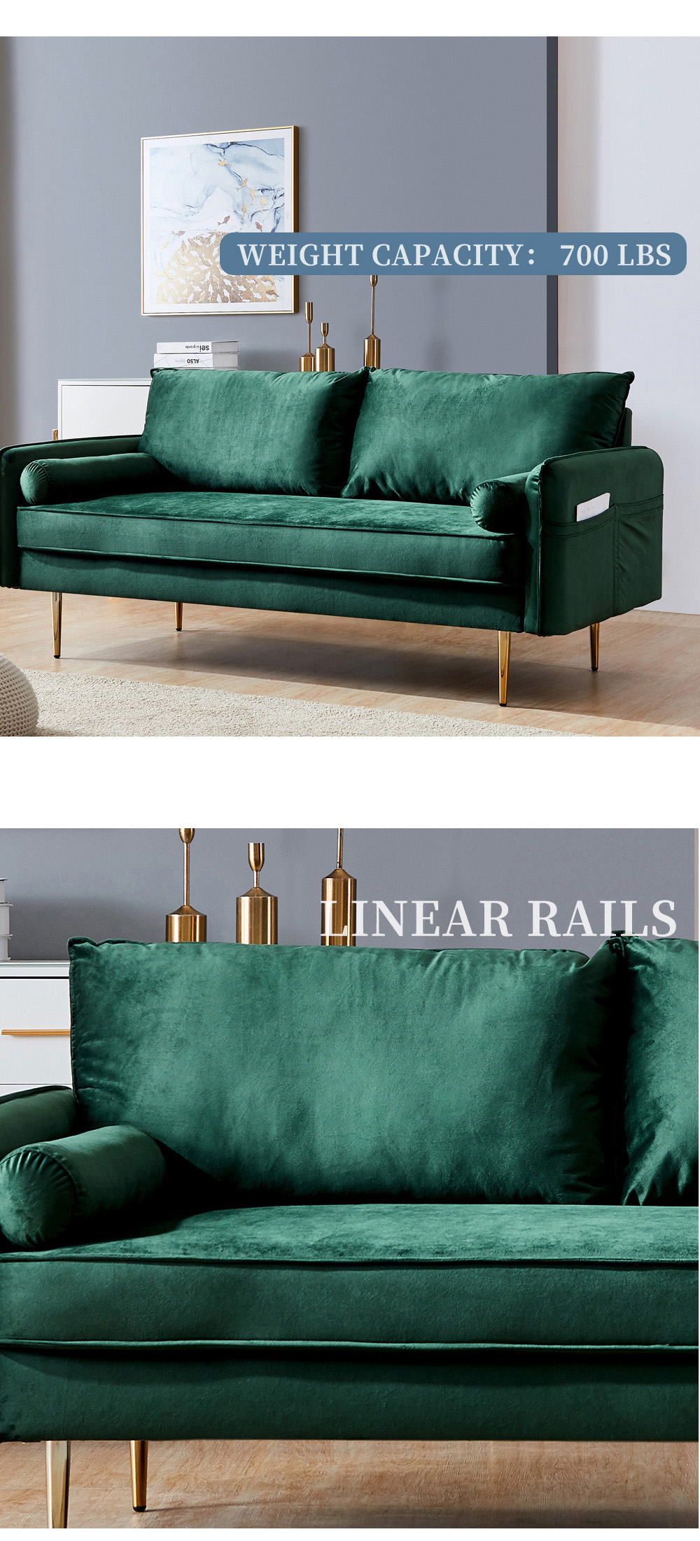 71" Velvet Fabric Upholstered Sofa with Armrest Pocket for Living Room, Bedroom, Office, Apartment - Green