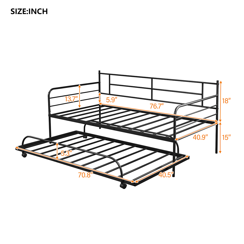 Twin Size Metal Daybed Frame with Trundle Bed and Metal Slats Support, No Need for Spring Box, for Living Room, Bedroom, Office, Apartment - Black
