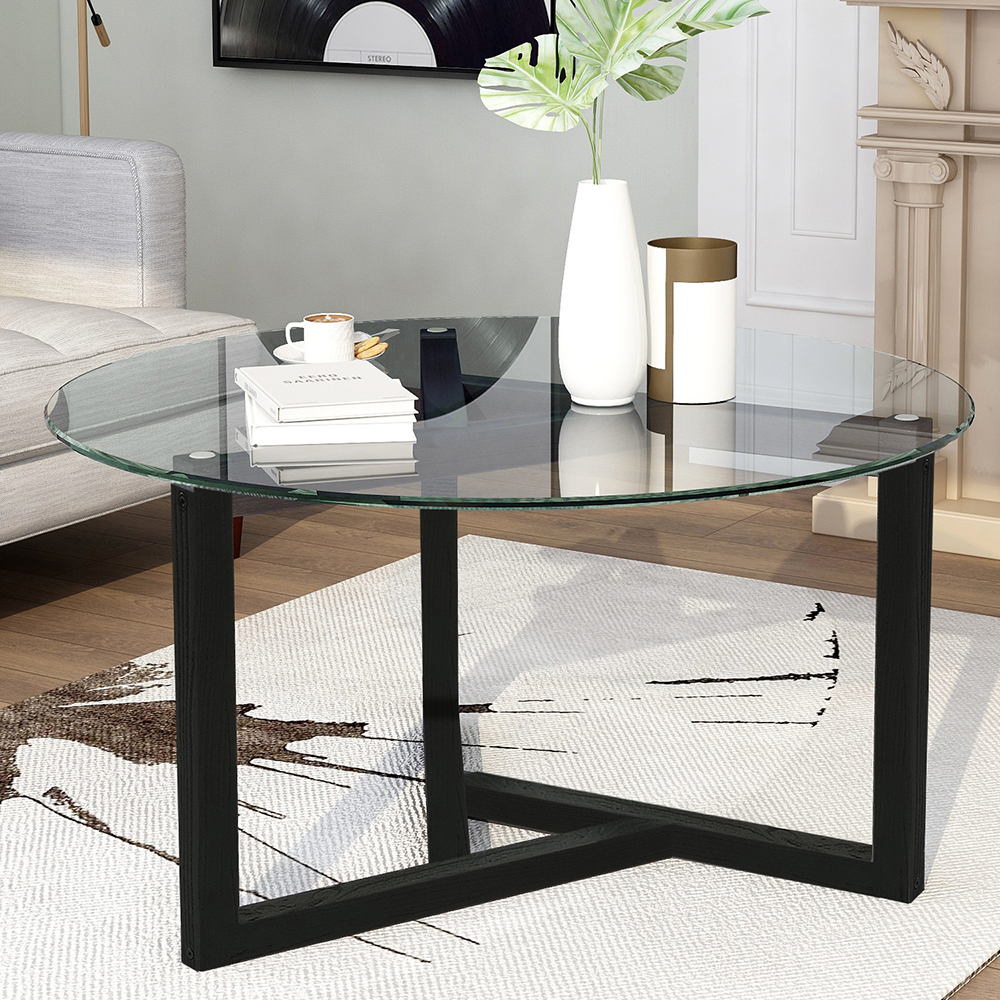 TREXM 35" Round Tempered Glass Coffee Table with Wood Base, for Kitchen, Restaurant, Office, Living Room, Cafe - Espresso
