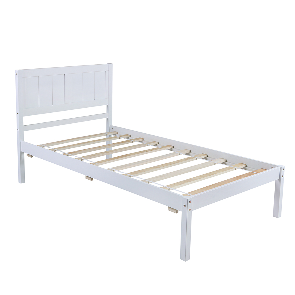 Twin Size Wooden Platform Bed Frame with Headboard, and Wooden Slats Support, No Spring Box Required - White