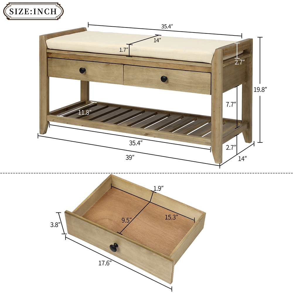 TREXM 39'' Console Bench with 2 Storage Drawers and Mesh Shoe Shelf, for Entrance Hallway, Dining Room, Bedroom - Gray Washed