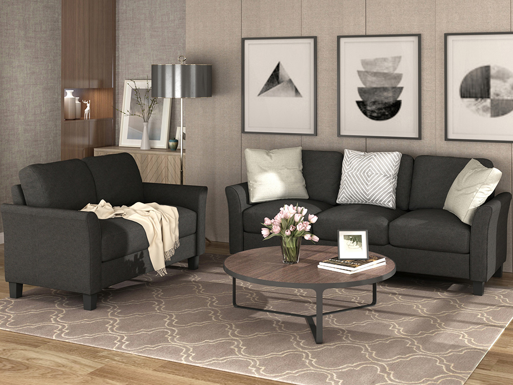 2+3-Seat Linen Fabric Upholstered Sofa Set, with Pillows and Wooden Feet, for Living Room, Bedroom, Office, Apartment - Black
