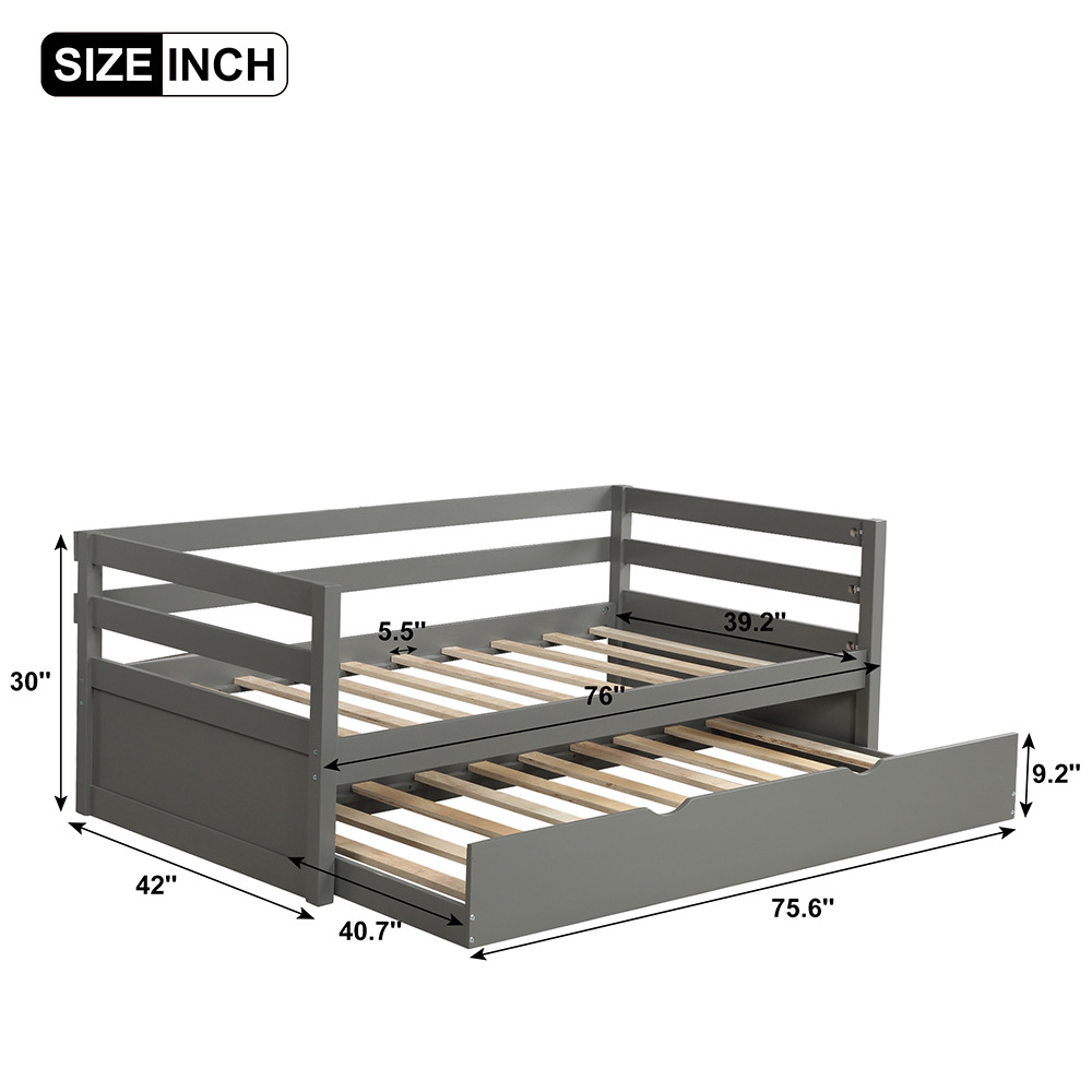Twin Size Wooden Daybed with Trundle Bed and Wooden Slats Support, No Need for Spring Box, for Living Room, Bedroom, Office, Apartment - Gray