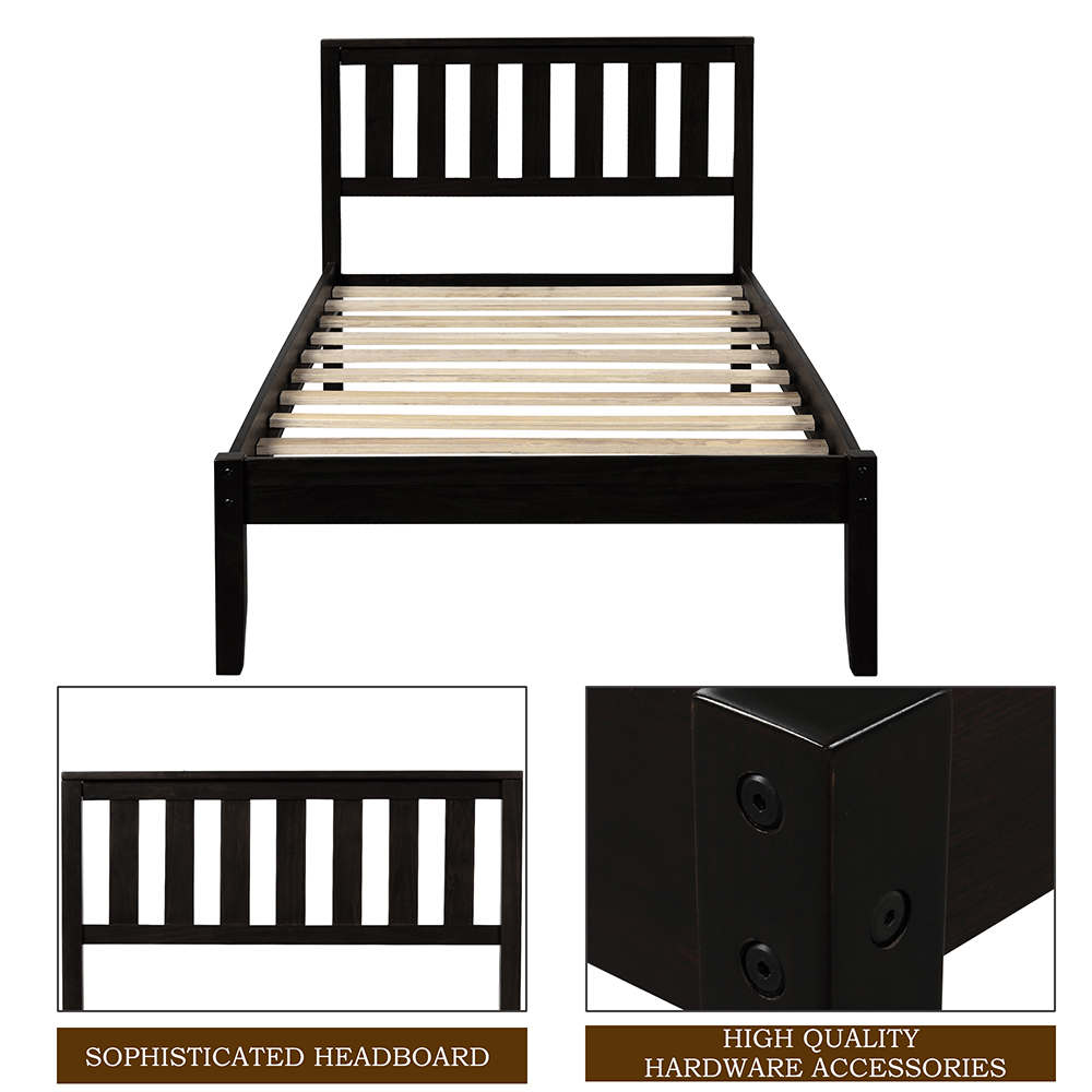 Twin-Size Wooden Platform Bed Frame with Headboard and Wooden Slat Support - Espresso