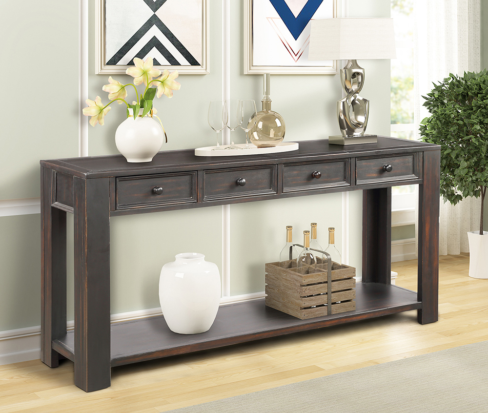 TREXM 64'' Console Table with 4 Storage Drawers and Bottom Shelf, for Entrance Hallway, Dining Room, Bedroom - Black