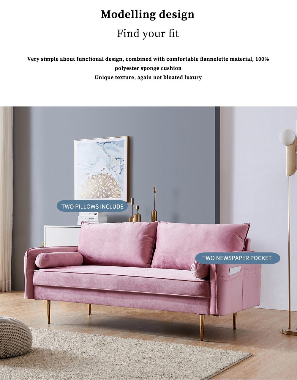 71" Velvet Fabric Upholstered Sofa with Armrest Pocket for Living Room, Bedroom, Office, Apartment - Pink