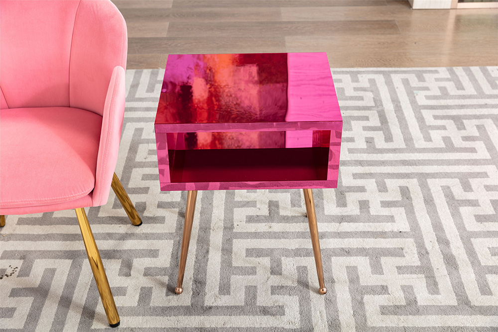 COOLMORE Mirror Bedside Table End Table with Metal High Legs for Living Room, Bedroom, Office, Dressing Room - Peach