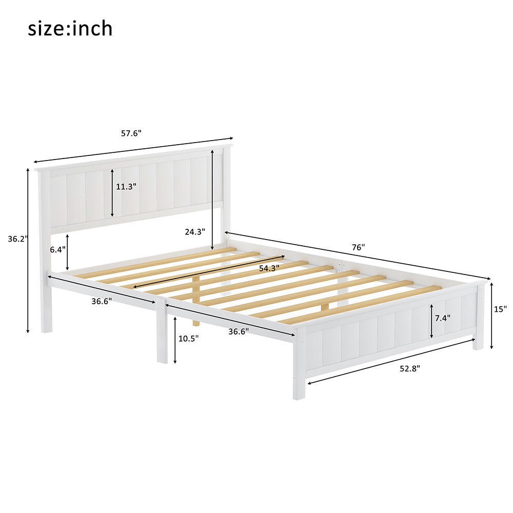 Full Size Wooden Platform Bed Frame with Headboard, Footboard, and Wooden Slats Support, No Spring Box Required - White