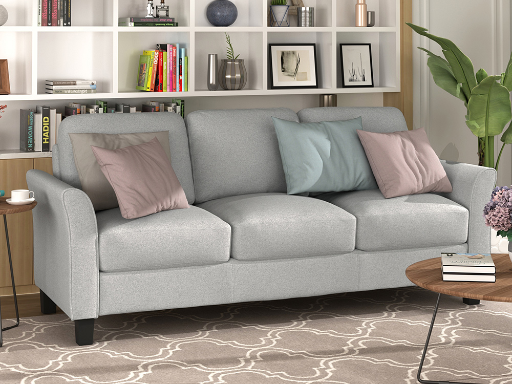 3-Seat Linen Fabric Sofa with Wooden Frame and Plastic Feet, for Living Room, Bedroom, Office, Apartment - Light Gray