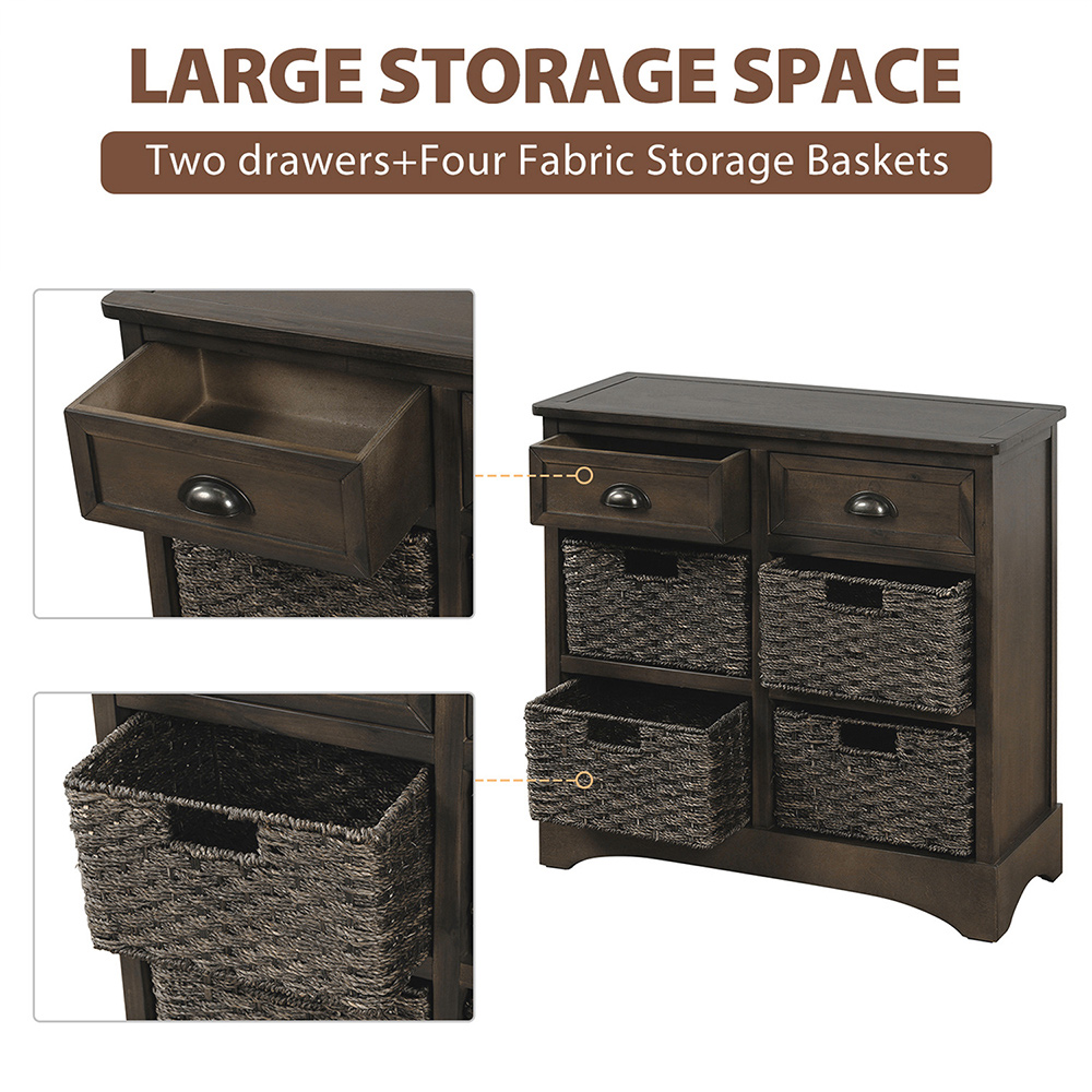 TREXM 28" Rustic Wooden Console Table with 2 Drawers and 4 Storage Rattan Baskets, for Entrance Hallway, Dining Room, Kitchen - Brown