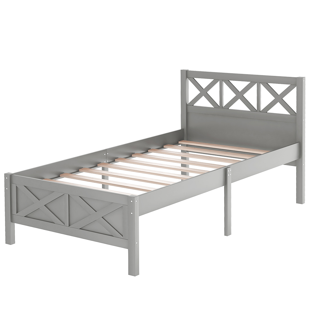 Twin Size Wooden Platform Bed Frame with High Legs and Wooden Slats - Gray