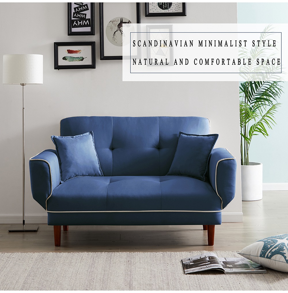 Twin Size Linen Upholstered Sofa Bed with 2 Pillows and Adjustable Armrests for Living Room, Bedroom, Office, Apartment - Navy Blue
