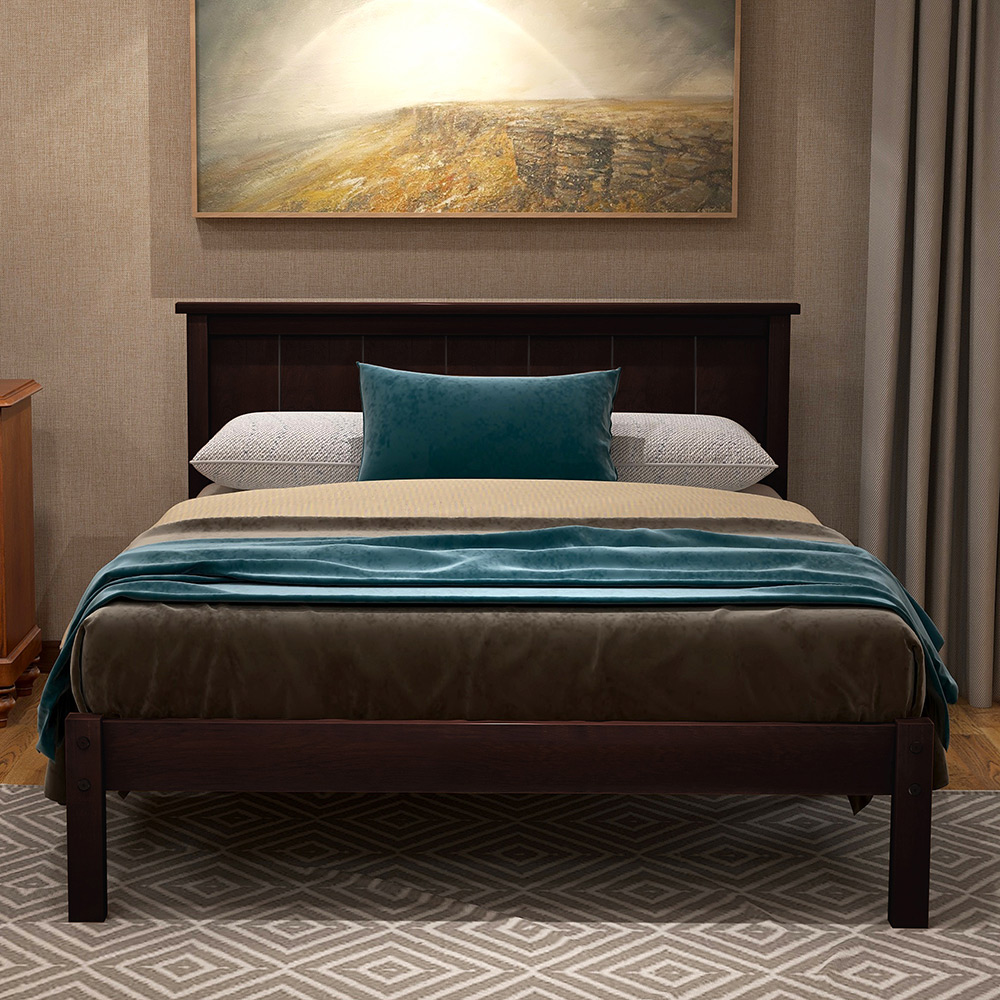 Twin-Size Wooden Platform Bed Frame with Headboard and Wooden Slats Support - Espresso