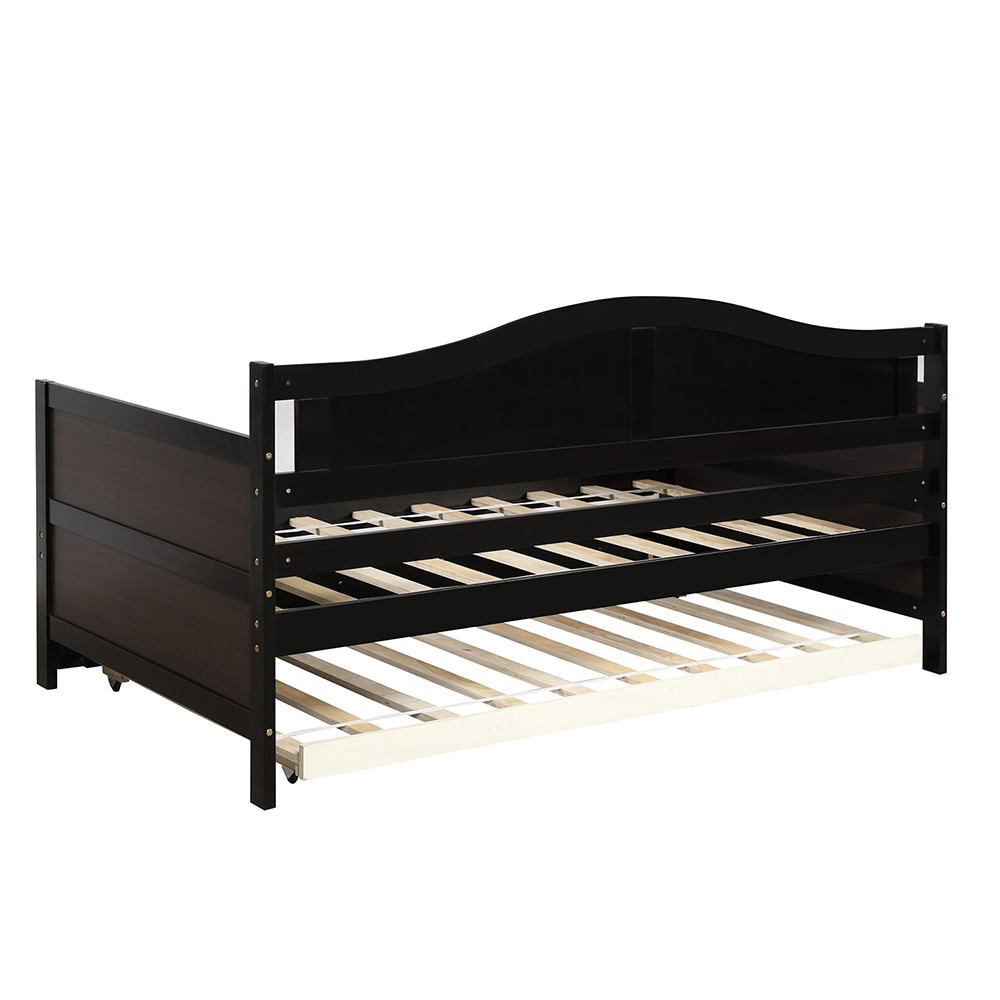 Twin-Size Wooden Platform Daybed Frame with Trundle Bed and Wooden Slats Support - Espresso