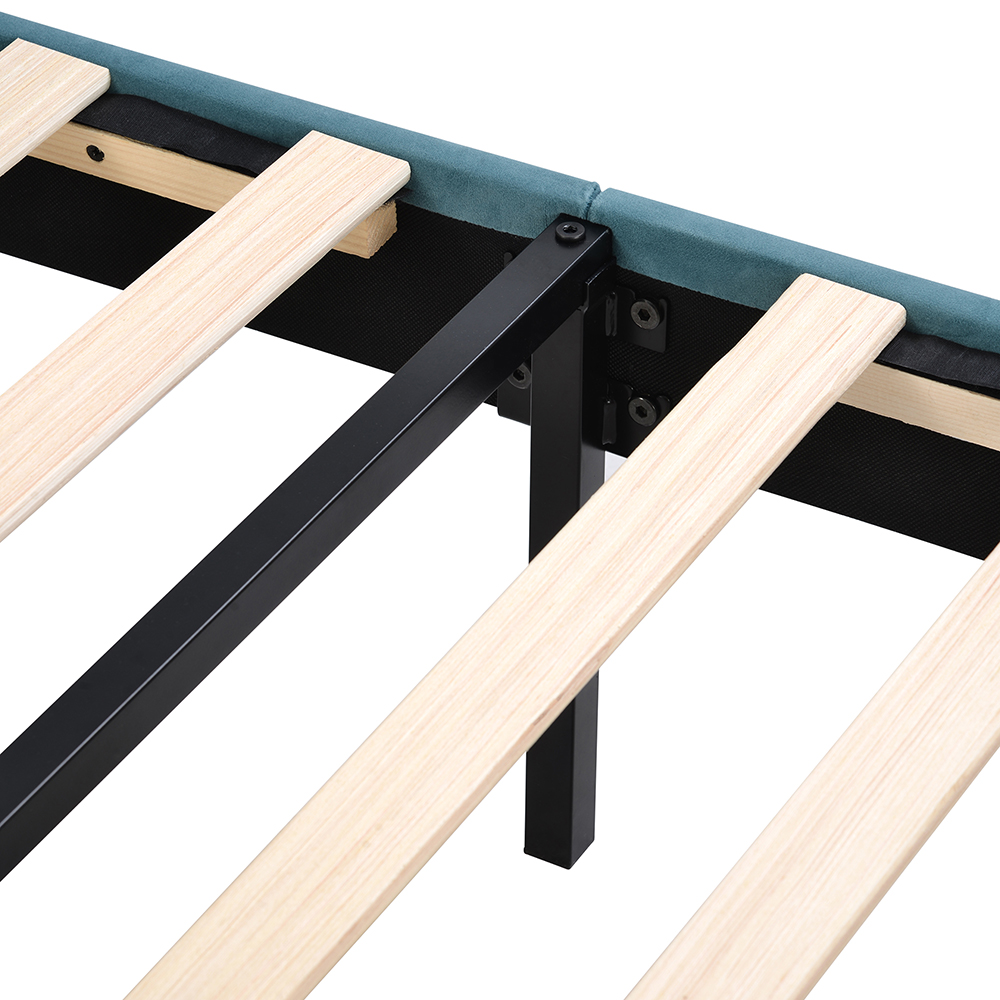 Queen-Size Velvet Upholstered Platform Bed Frame with Storage Drawer and Wooden Slat Support - Blue