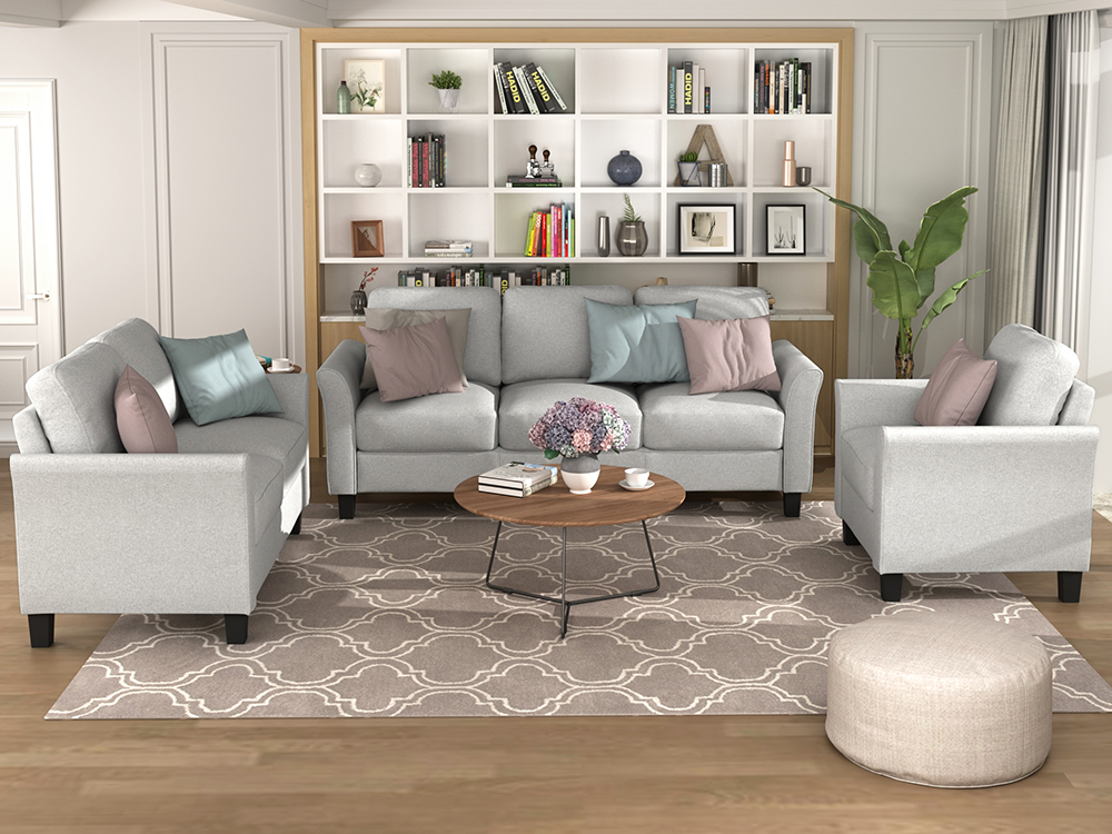 3-seat + 2-seat + 1-seat Linen Upholstered Sofa Set, for Living Room, Bedroom, Office, Apartment - Light Grey