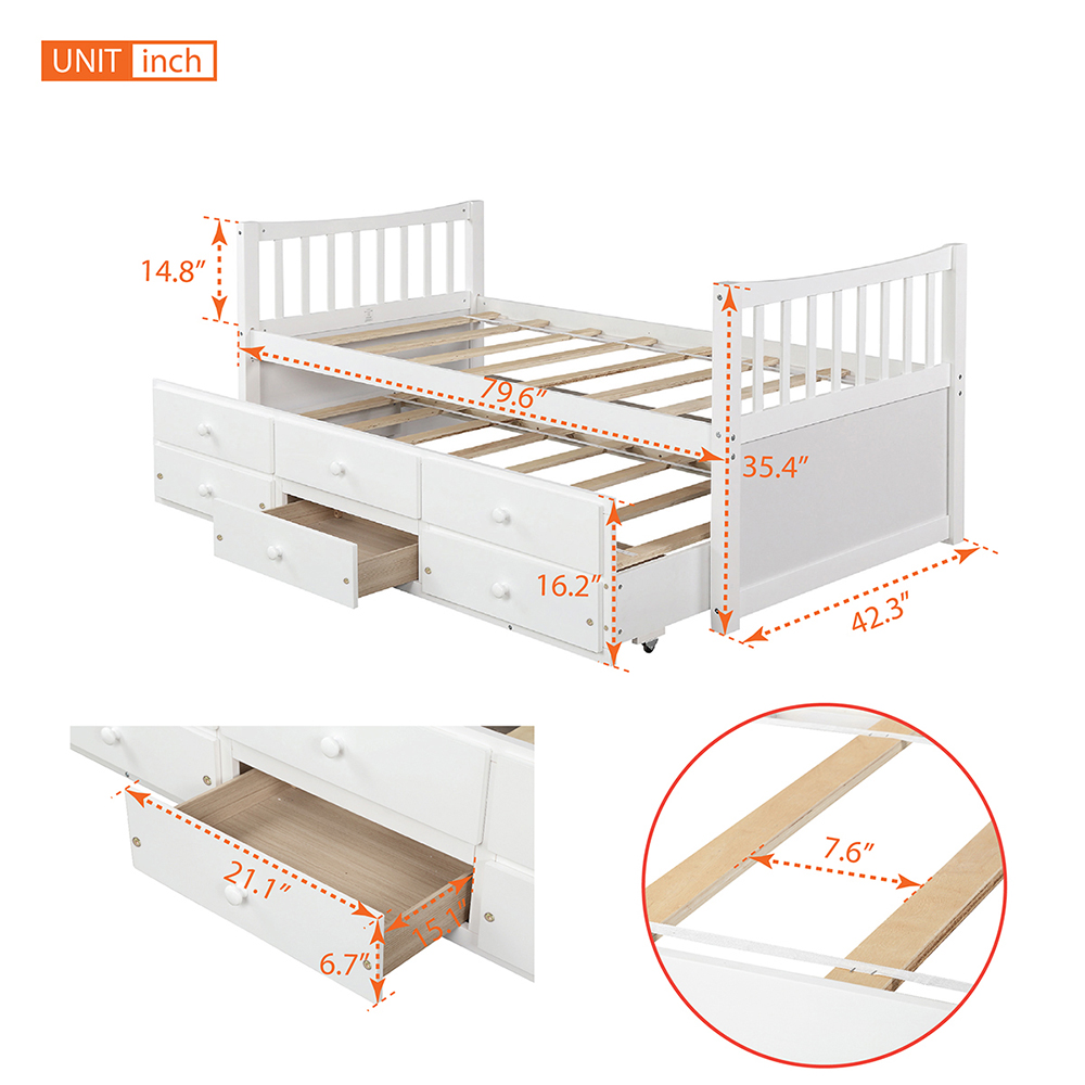 Twin Size Wooden Daybed Frame with Trundle Bed and 3 Storage Drawers, No Need for Spring Box, for Living Room, Bedroom, Office, Apartment - White