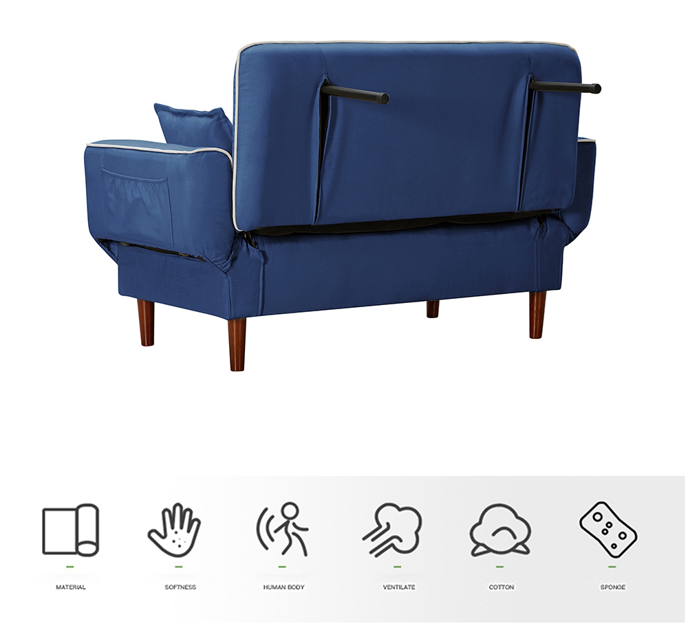 Twin Size Linen Upholstered Sofa Bed with 2 Pillows and Adjustable Armrests for Living Room, Bedroom, Office, Apartment - Navy Blue