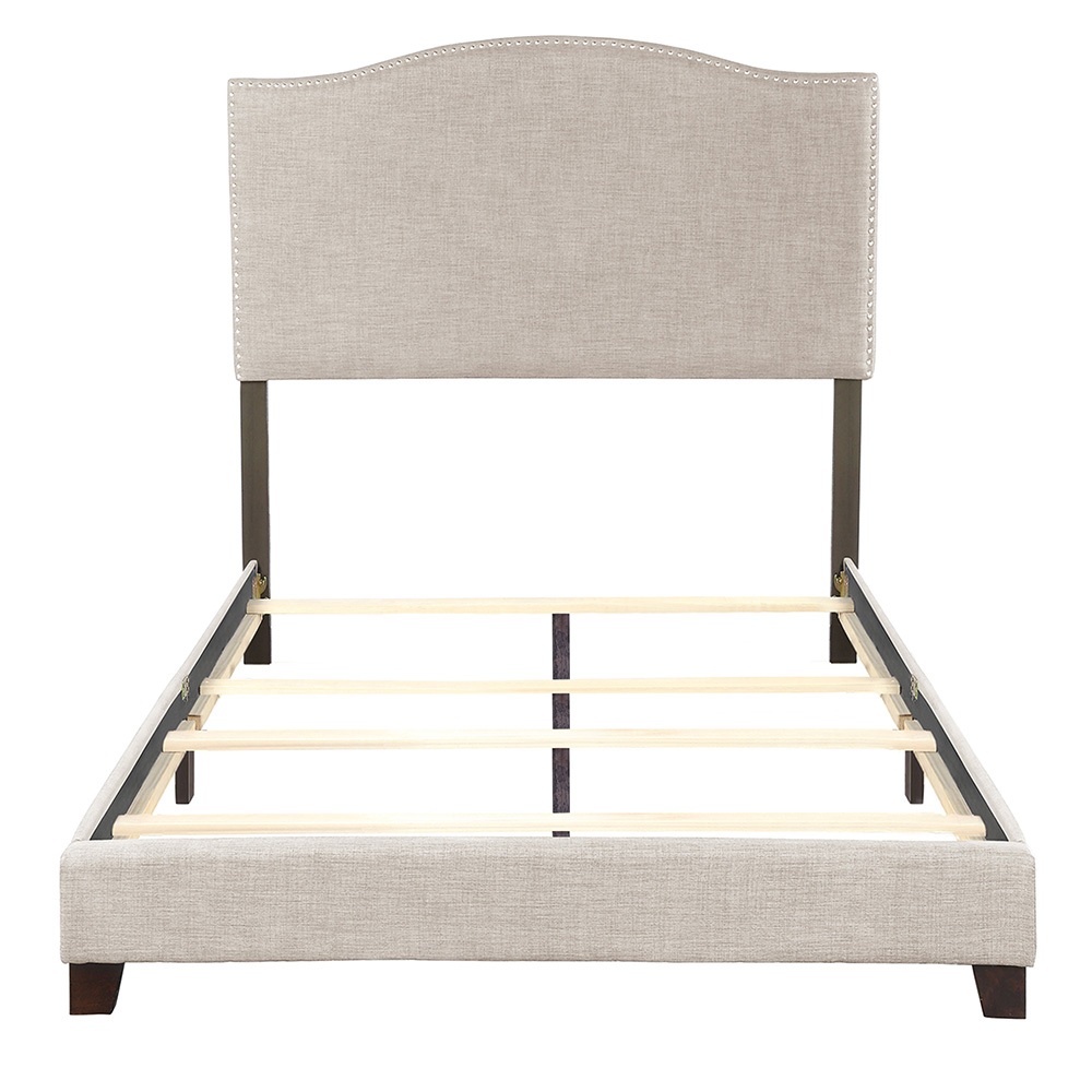 Twin-Size Polyester Linen Platform Bed Frame with Wooden Slats and Nailhead Detail - Beige