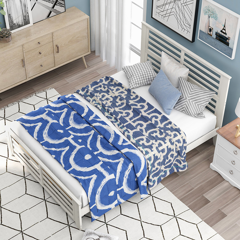 Full-Size Wooden Platform Bed Frame with Hollow Shape Horizontal Strip and Wooden Slats Support - White