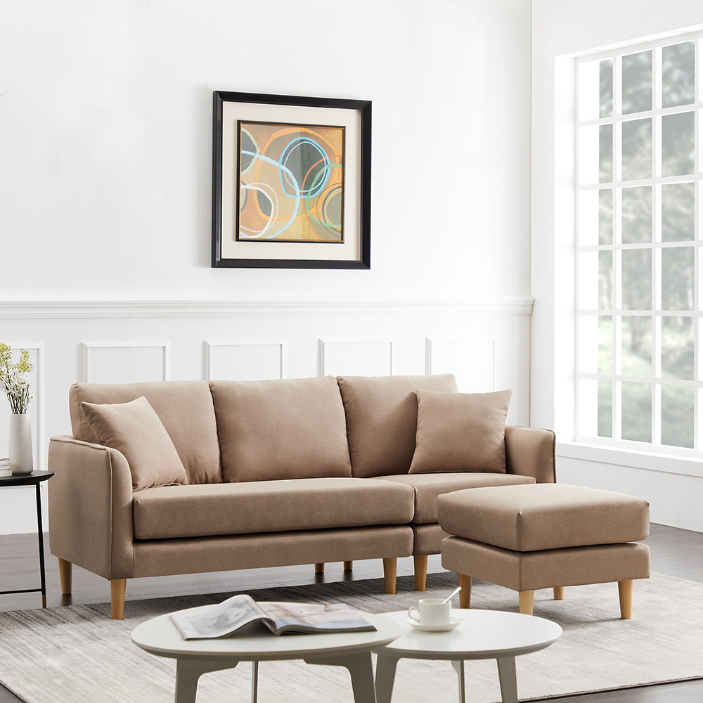Polyester Fabric L-shaped Corner Sofa with 2 Pillows and Ottoman for Living Room, Bedroom, Office, Apartment - Brown