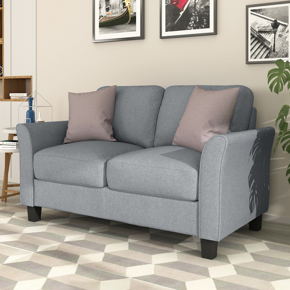 2-Seat Linen Fabric Sofa with Wooden Frame and Plastic Feet, for Living Room, Bedroom, Office, Apartment - Gray