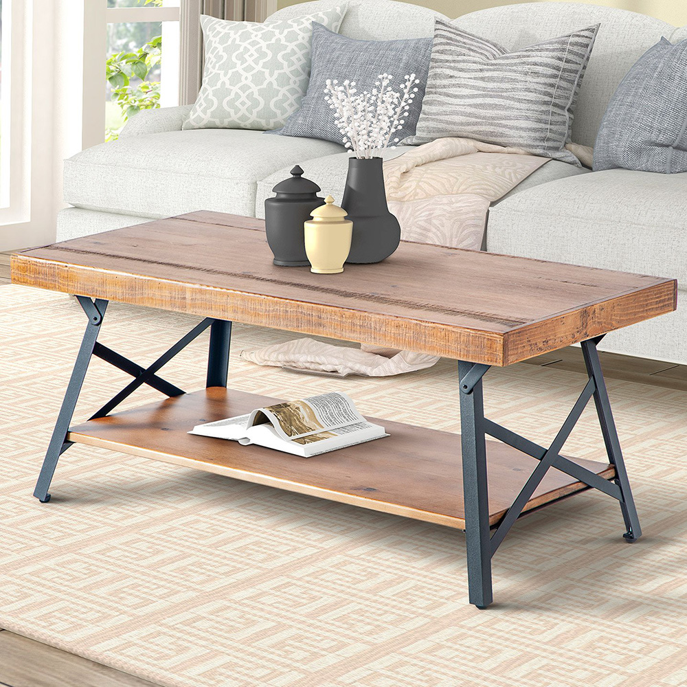 43.3" 2-Layer Wooden Coffee Table with Metal Legs, for Kitchen, Restaurant, Office, Living Room, Cafe - Brown