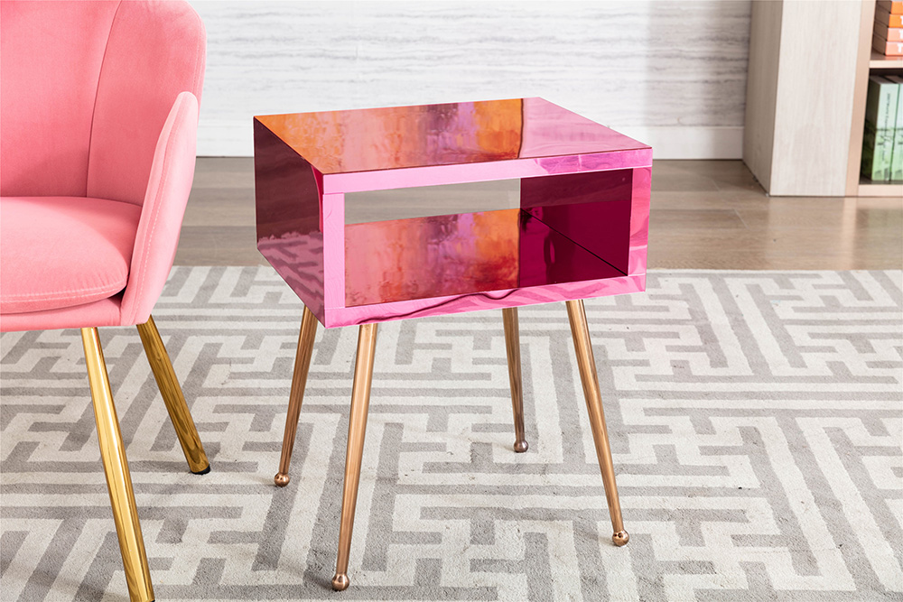 COOLMORE Mirror Bedside Table End Table with Metal High Legs for Living Room, Bedroom, Office, Dressing Room - Peach