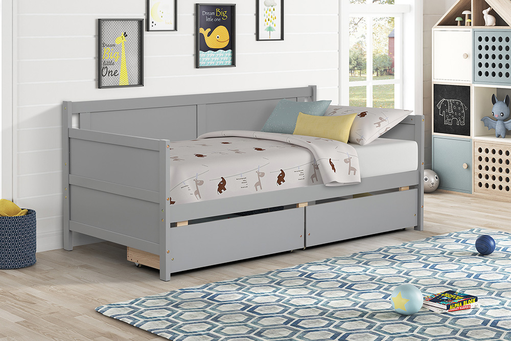 Twin Size Wooden Daybed Frame with 2 Storage Drawers and Wooden Slats Support, No Need for Spring Box, for Living Room, Bedroom, Office, Apartment - Gray