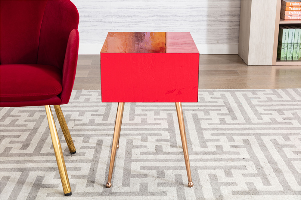 COOLMORE Mirror Bedside Table End Table with Metal High Legs for Living Room, Bedroom, Office, Dressing Room - Red