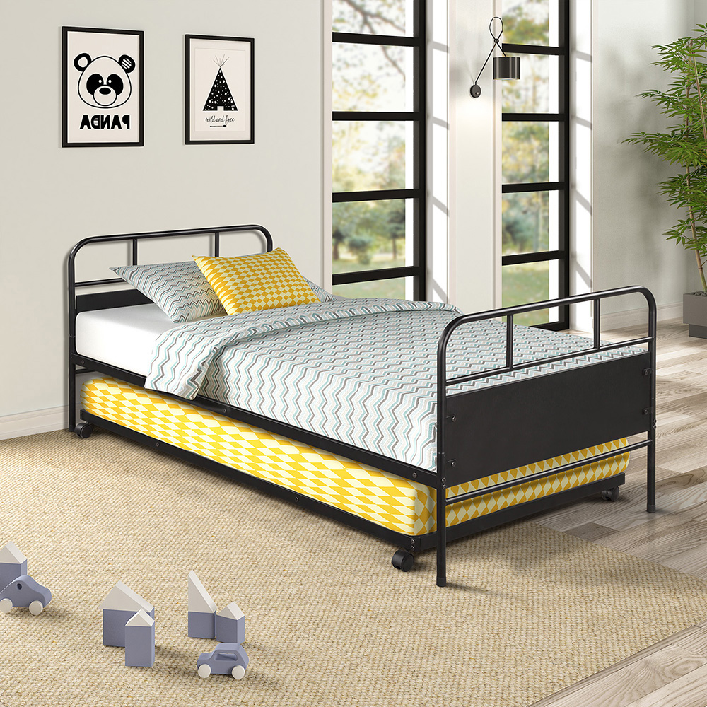 Twin Size Metal Daybed Frame with Trundle Bed and Metal Slats Support, No Need for Spring Box, for Living Room, Bedroom, Office, Apartment - Black