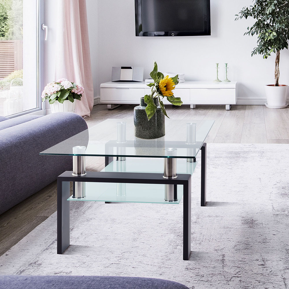 39.4'' 2-Layer Rectangle Glass Coffee Table, for Kitchen, Restaurant, Office, Living Room, Cafe - Black