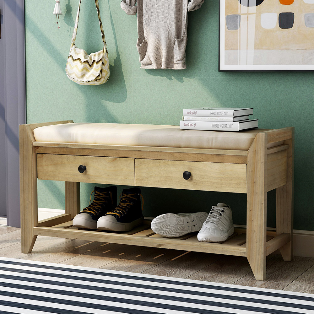 TREXM 39'' Console Bench with 2 Storage Drawers and Mesh Shoe Shelf, for Entrance Hallway, Dining Room, Bedroom - Gray Washed