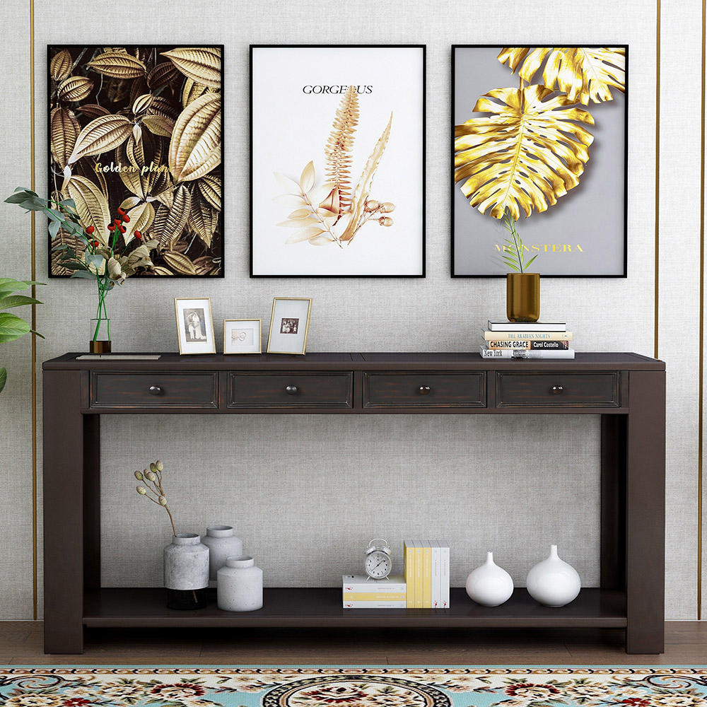 TREXM 64'' Console Table with 4 Storage Drawers and Bottom Shelf, for Entrance Hallway, Dining Room, Bedroom - Black