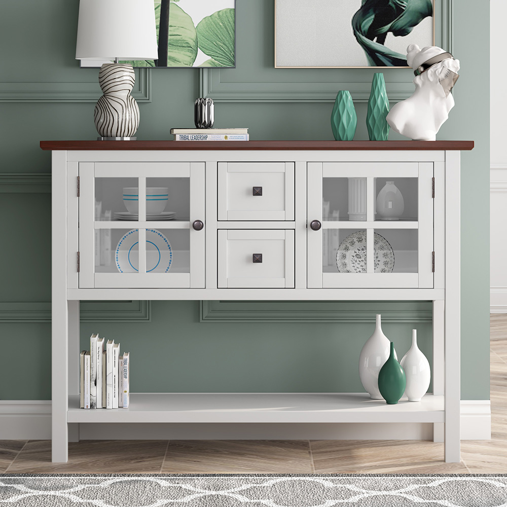 U_STYLE 45'' Modern Console Table with 2 Drawers, 2 Cabinets and 1 Shelf, for Entrance Hallway, Dining Room, Bedroom - White + Brown