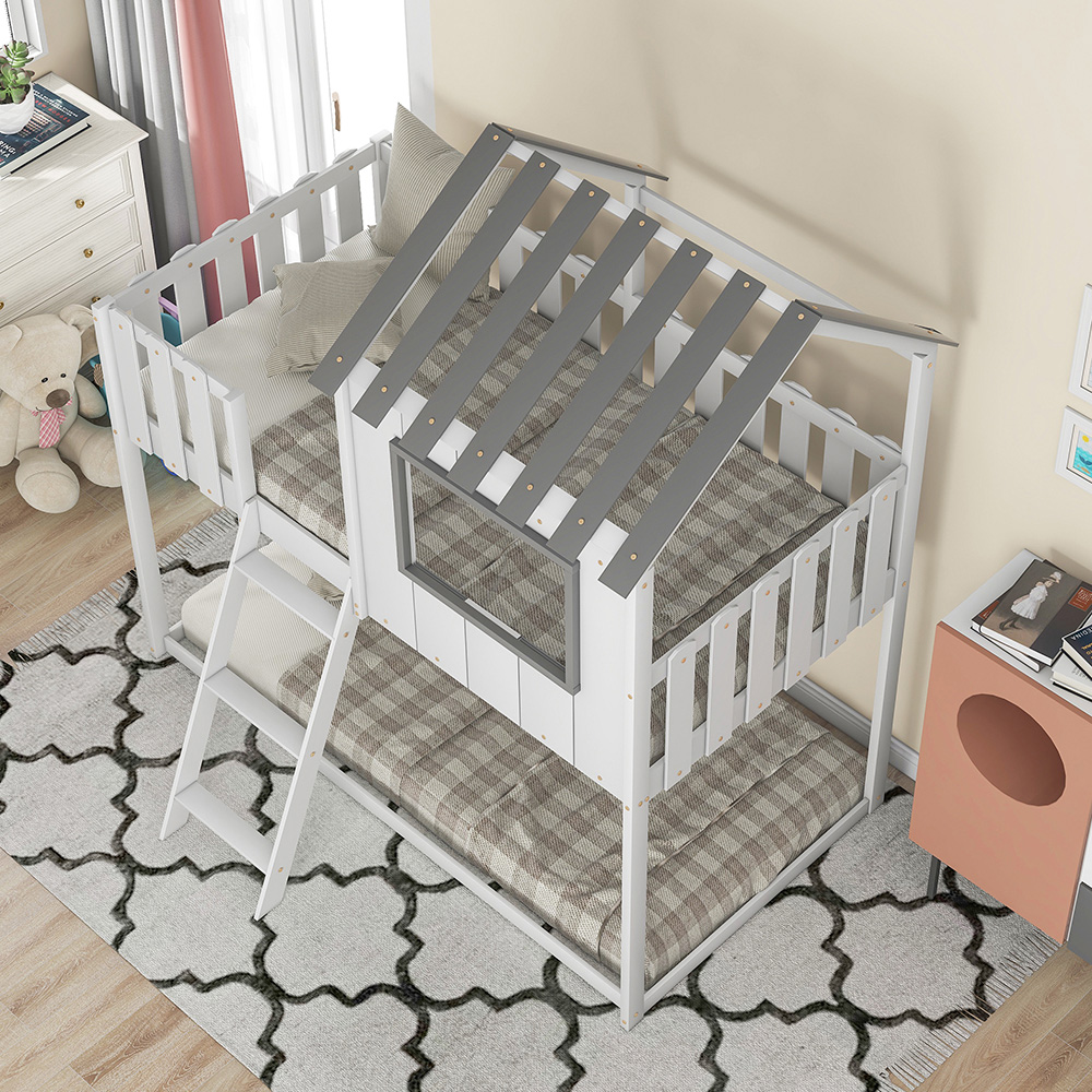 Twin-Size Wooden Floor Children's Bunk House Bed Frame with Rustic Fence-Shaped Guardrail and Ladder, No Need for Box Spring - White