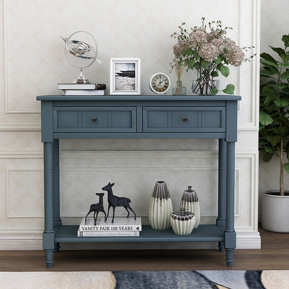 TREXM 35'' Console Table with 2 Storage Drawers, and Bottom Shelf, for Entrance, Hallway, Dining Room, Kitchen - Navy