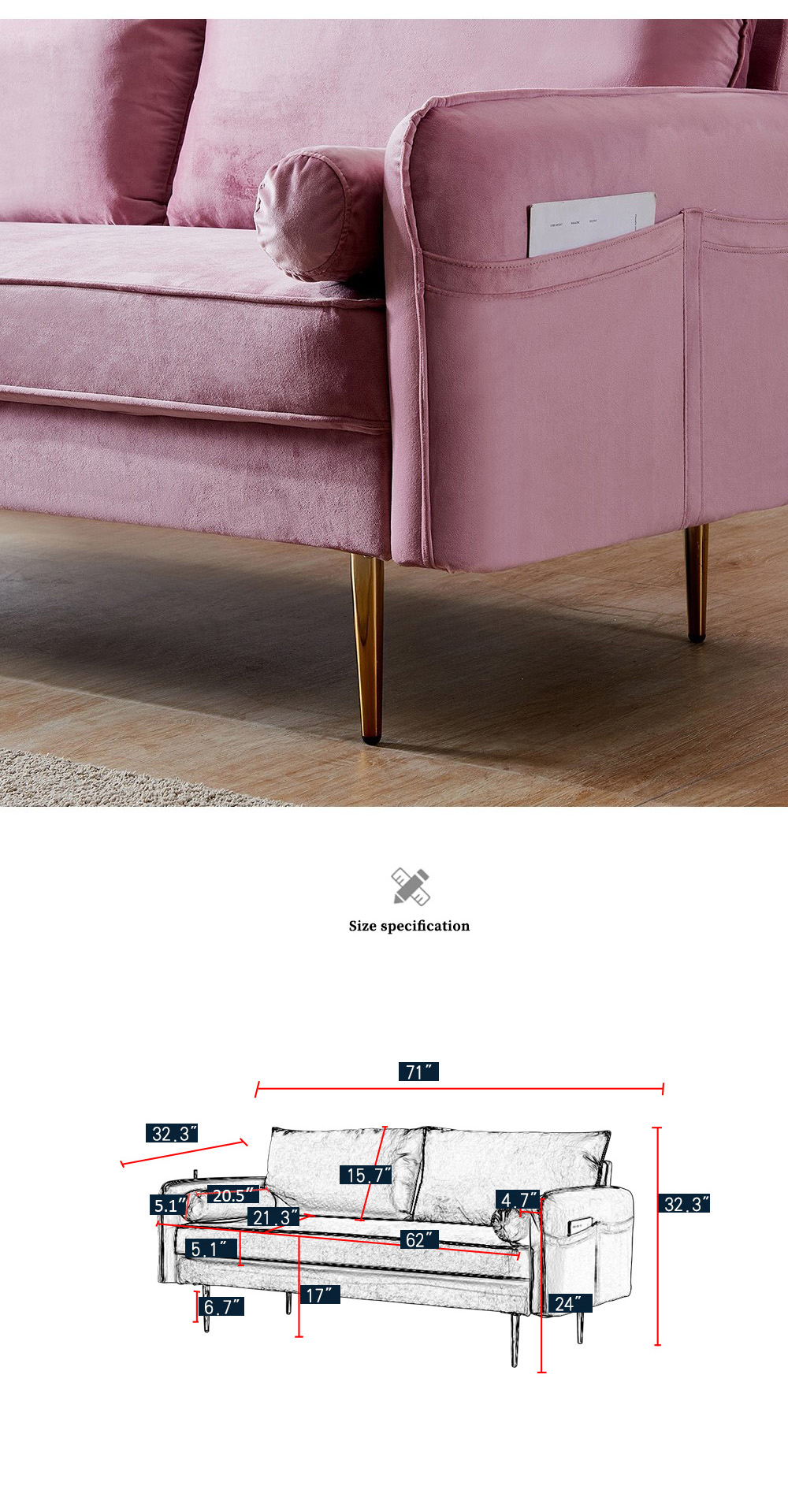 71" Velvet Fabric Upholstered Sofa with Armrest Pocket for Living Room, Bedroom, Office, Apartment - Pink
