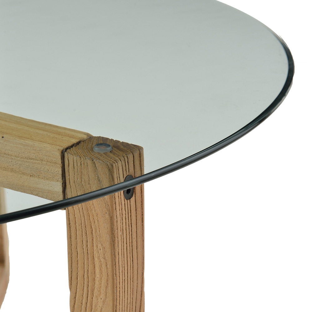 TREXM 35" Round Tempered Glass Coffee Table with Wood Base, for Kitchen, Restaurant, Office, Living Room, Cafe - Oak