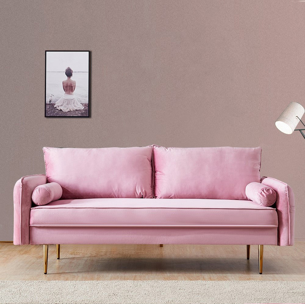 71" Velvet Fabric Upholstered Sofa with Armrest Pocket for Living Room, Bedroom, Office, Apartment - Pink