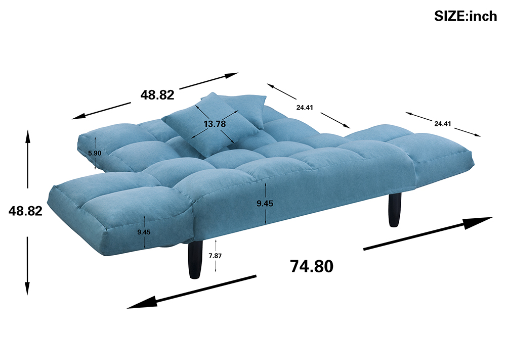 U-STYLE 2-Seat Twin Size Polyester Blended Tufted Sofa Bed with 2 Pillows and 2 Side Pockets, for Living Room, Bedroom, Office, Apartment - Blue
